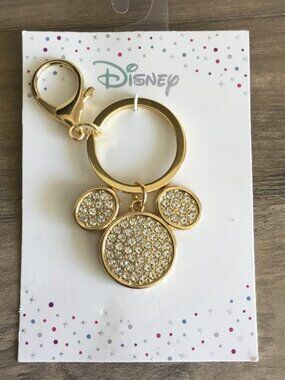 Disney Mickey Mouse Crystal Keychain Gold Rhinestone Bag Charm Gold-tone Metal